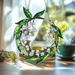 Delicate Lily of the Valley Faux Stained Glass Suncatcher – Elegant Acrylic Hanging Window Panel for Nature, Garden, or Spring Decor