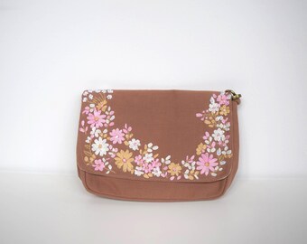 Hand embroidered rosa handbag with silk ribbon emroidery, organic cotton made sustainably and ethically with traditional craftsmanship