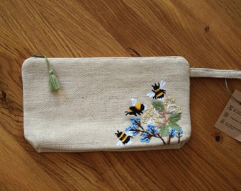 Trousse de maquillage durable et équitable avec abeilles, trousse de maquillage brodée à la main, accessoires cosmétiques, trousse de beauté, trousse de maquillage
