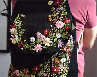Hand Embroidered Backpack - GOTS ecofriendly Cotton - Handmade in India - Top-end silk ribbon embroidery with indian flowers. artisan bag