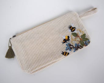 Trousse de toilette en velours côtelé issu du commerce équitable et durable, ornée d'abeilles, brodée à la main, accessoires de beauté, trousse à maquillage