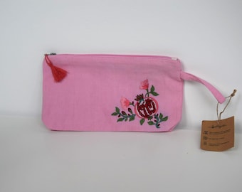 Hand Embroidered Makeup Bag – Pomegranate Design – GOTS Organic Cotton – Fair Trade – Handmade in India – Ethical Gift for Her