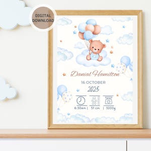 Personalized Baby Birth Stats Print for Boys, Custom Nursery Wall Art, Blue Teddy Bear Cloud Theme, Digital Download Baby Poster