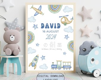 Gepersonaliseerde afdruk geboortegegevens baby: kinderkamerdecoratie (digitale download)