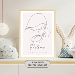 Impression de naissance personnalisée, dessin au trait personnalisé mère et bébé, art mural minimaliste pour chambre d'enfant, impression nom de bébé, téléchargement numérique