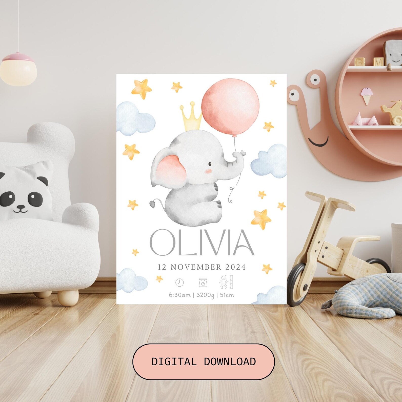 Elephant Birth Stats Poster Personalized Nursery Decor (digital