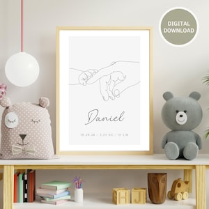 New Baby Gift Personalised, Custom Baby Birth Print, Custom Line Art Parent & Baby Hands, Minimalist Nursery Wall Art, Newborn Baby Stats