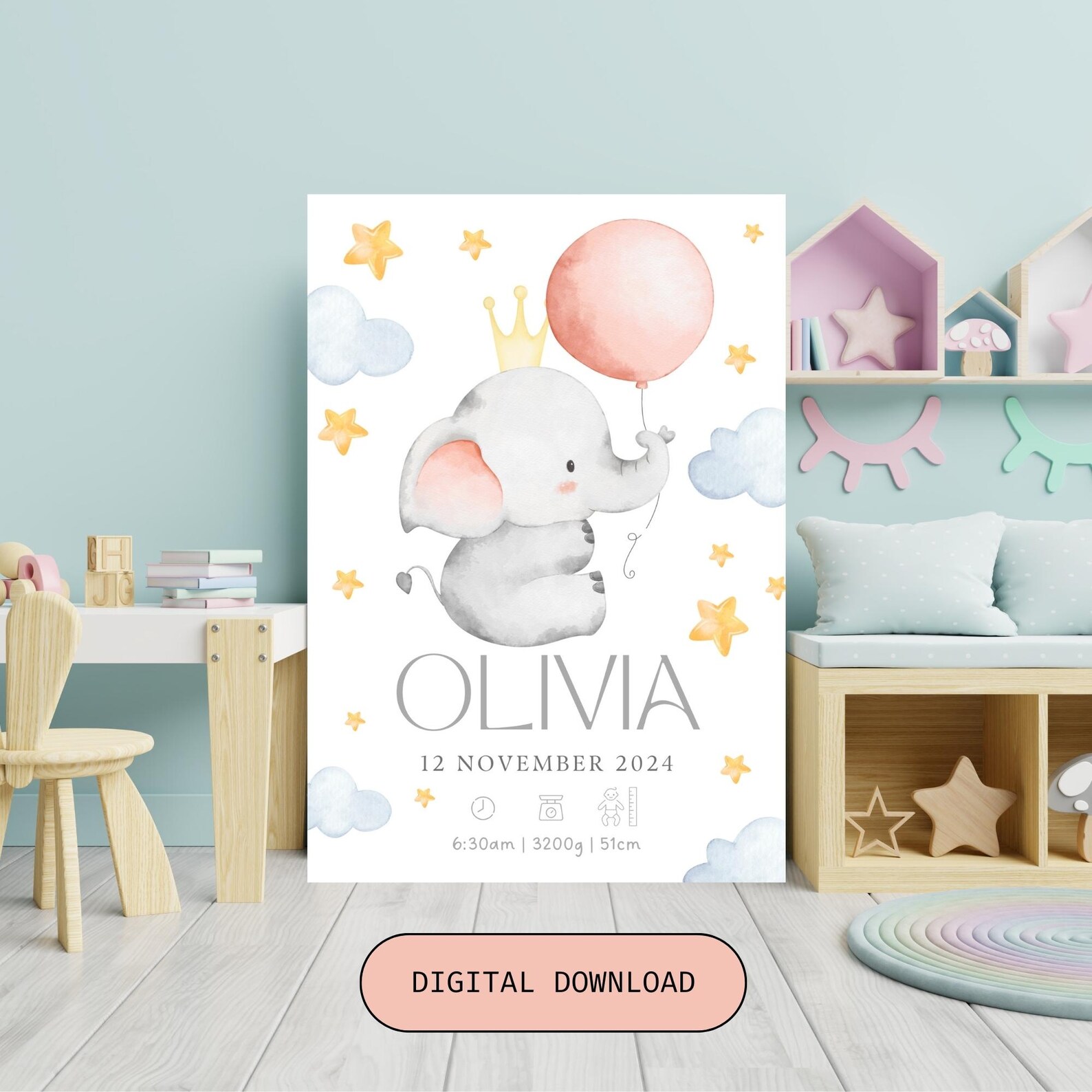 Elephant Birth Stats Poster Personalized Nursery Decor (digital