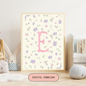 Arte de pared con letras personalizadas para guardería, impresión inicial personalizada, diseño floral de acuarela, imprimible para habitación de niños, descarga digital, recuerdo para bebé
