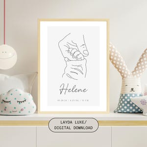 Personalized Minimalist Baby Birth Wall Art, Parents Holding Hand Line Drawing Poster, Custom Nursery Decor, Kids Room Birth Stats Prints