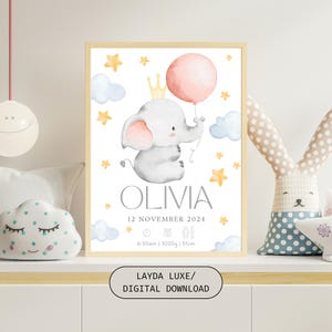 Personalized Baby Birth Stats Poster, Elephant Nursery Wall Art Baby Room Decor, Name Detail Gift Decor, Custom Newborn Baby Girl Stat Sign