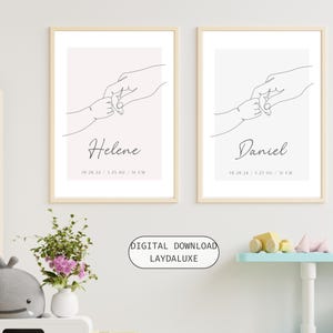 Personalized Baby Birth Stats Poster, Minimalist Parents Holding Hand Line Art, Digital Download, Nursery Wall Decor, Kids Room Gift Idea