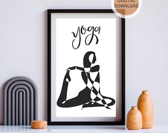 Impresión de meditación de yoga, arte mural, pintura minimalista de posturas de yoga, decoración de estudio, póster de posturas de yoga, atención plena, descarga digital espiritual