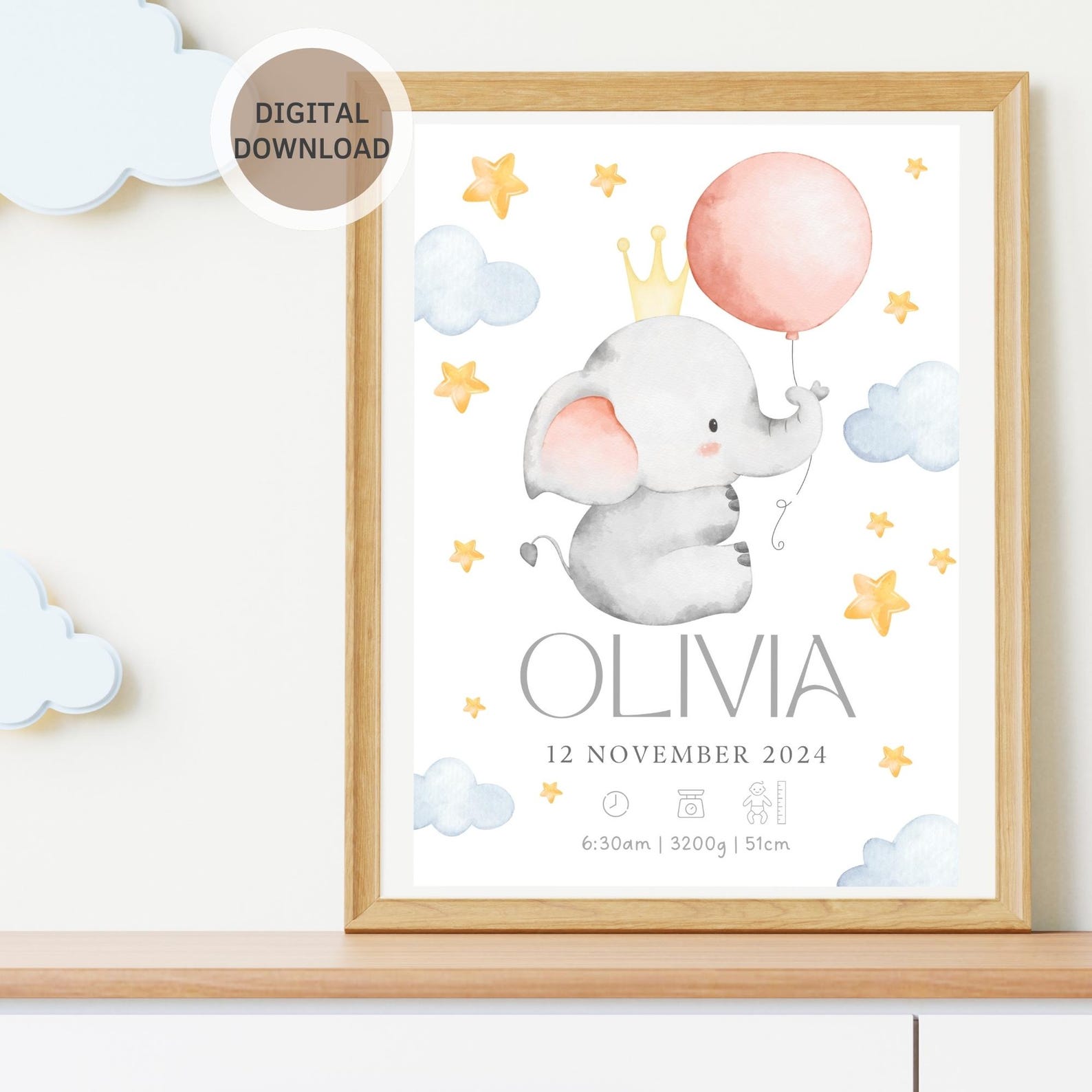 Elephant Birth Stats Poster Personalized Nursery Decor (digital