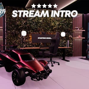 Peut inclure: Une voiture de course rouge avec des roues noires et un aileron noir. La voiture est dans une pièce avec un mur vert, un bureau et une chaise de jeu. Le texte "STREAM INTRO" est affiché au-dessus de la voiture.