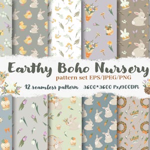 May include: A collection of 12 seamless patterns with an "Earthy Boho Nursery" theme. The patterns feature bunnies, chicks, flowers, and Easter-themed elements in soft pastel colors. The image includes the text "Earthy Boho Nursery pattern set".