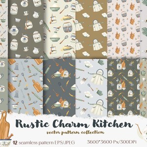 Op de afbeelding: Een verzameling van 12 naadloze vectorpatronen met een rustiek keukenthema. De patronen bevatten aquarel illustraties van keukengerei, schorten en ingrediënten in verschillende kleurenschema's. De tekst "Rustic Charm Kitchen" wordt weergegeven.