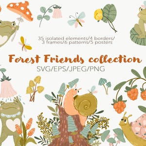 Puede incluir: Una ilustración digital caprichosa titulada "Forest Friends collection" que presenta varias criaturas y elementos del bosque. La imagen incluye ranas, caracoles, mariposas, setas y acentos florales en una paleta de colores suaves y pastel. El texto "Forest Friends collection" se muestra de forma destacada.