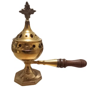 Brass incense burner with wooden handle | Portable censer | Orthodox incense burner | Liturgical church vessel with cross