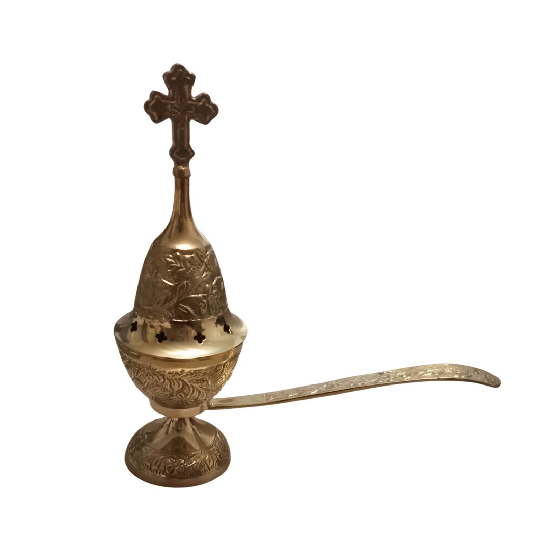 Incense Burner With Long Handle and Cross | Brass Hand-held Incense ...