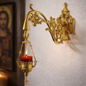 Soporte de pared grande para lámpara de aceite de luz perpetua, latón macizo, águila bicéfala. Gancho de pared para lámpara de vigilia.