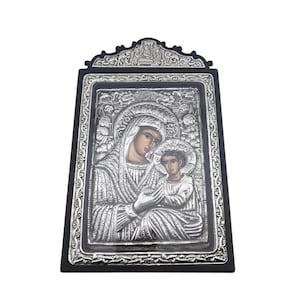 Maria Muttergottes mit Jesuskind und Heilige Dreifaltigkeit Metall Oklad Ikone hinter Plexiglas