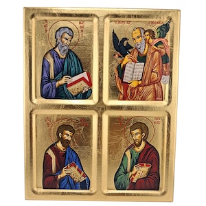 Könnte beinhalten: Eine rechteckige religiöse Ikone mit vier separaten Feldern auf einem goldfarbenen Hintergrund. Jedes Feld zeigt eine bärtige Figur in Gewändern, die ein Buch hält, mit griechischer Schrift darüber. Die Figuren sind im klassischen Stil.