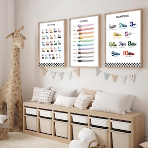 Cars Learning Poster Set 3 for Kids Lightning McQueen Alphabet Numbers Colors Poster Kids Room Decor Letters Educational Boys Room Poster