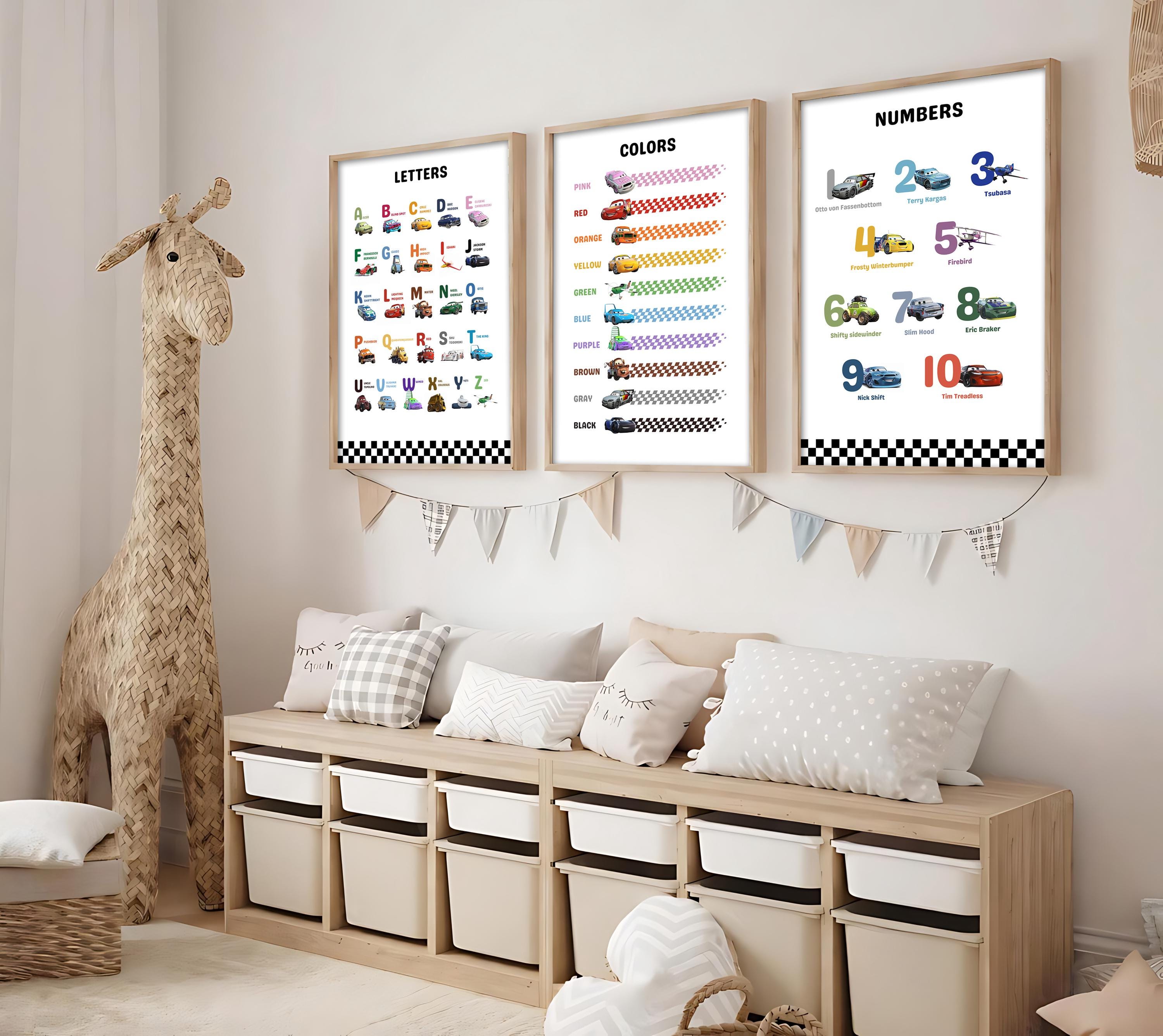 Cars Learning Poster Set 3 for Kids Lightning McQueen Alphabet Numbers Colors Poster Kids Room Decor Letters Educational Boys Room Poster