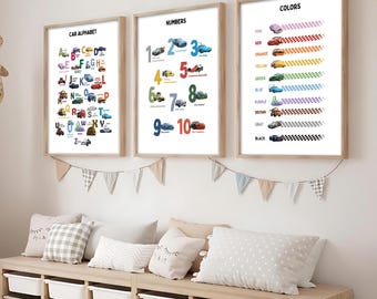 Cars Alphabet & Numbers Poster Set: Lightning McQueen Boys Room Decor (Digital Download