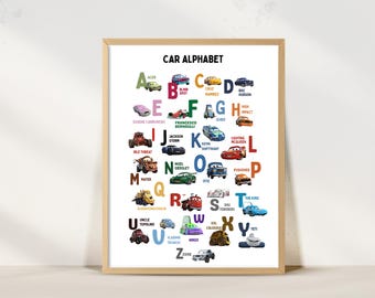 Lightning McQueen Car Alphabet Poster Kids Room Decor Letters Poster Kids Decor Educational Printable Boys Room Gift Idea Decor