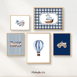 Vintage Transportation Nursery Prints: Airplane, Train, Ship - Set of 5 (Digital Download