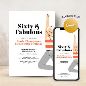 60th birthday invitation for adult sixties birthday invitation Birthday Thank You gift tag Card Printable Editable Canva Template elegant