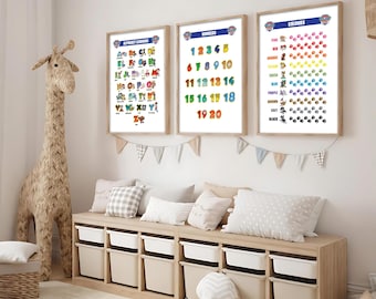 Set of 3 PAW Patrol Learning Prints, Alphabet, Numbers, Colors Poster, Nursery Wall Art for Kids, Preschool & Homeschool Decor