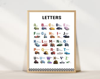 Cars Alphabet Poster Lightning McQueen Kids Room Decor Letters Poster Kids Decor Educational Printable Nursery Decor Boys Room Gift Idea