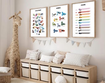 Poster Car Alphabet Numbers Learning Set 3 for Kids Lightning McQueen Boys Room Decor Letters Educational Boys Room Poster