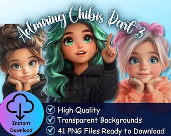 Admiring Chibis Part 3 – 41 Cute Chibi Girl PNGs | Transparent Background Clipart | Digital Download for Crafts, Stickers & Sublimation