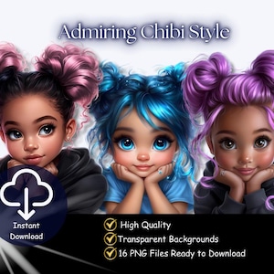 Può includere: Illustrazione digitale di tre ragazze in stile chibi con capelli rosa, blu e viola. Appoggiano il mento sulle mani. L'immagine include il testo "Admiring Chibi Style" e "Instant Download". Testo aggiuntivo evidenzia alta qualità, sfondi trasparenti e 16 file PNG.