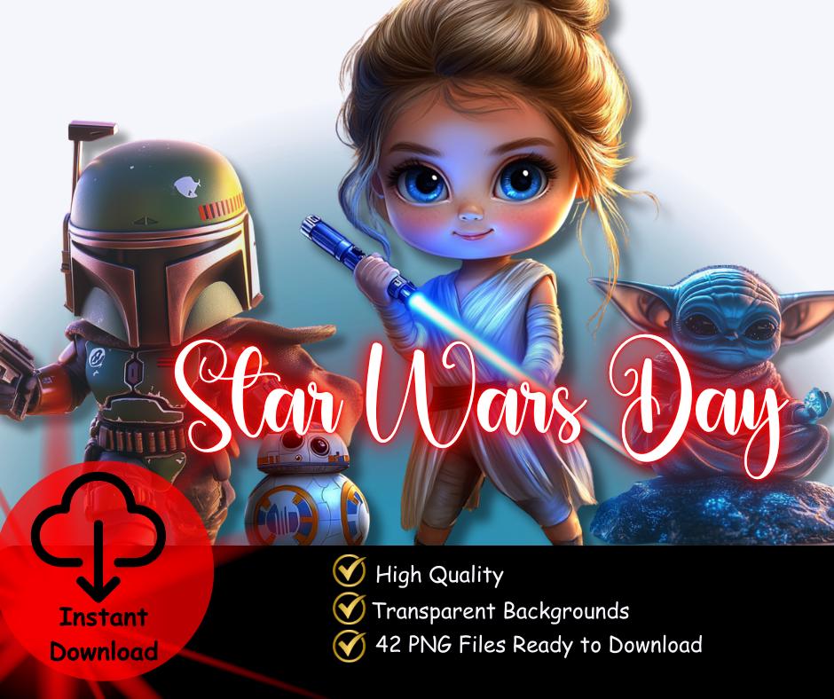 Star Wars Day PNG Bundle Cute Characters Clipart Set | 42 Transparent PNG Files | Instant Download for Crafts, Shirts & Stickers