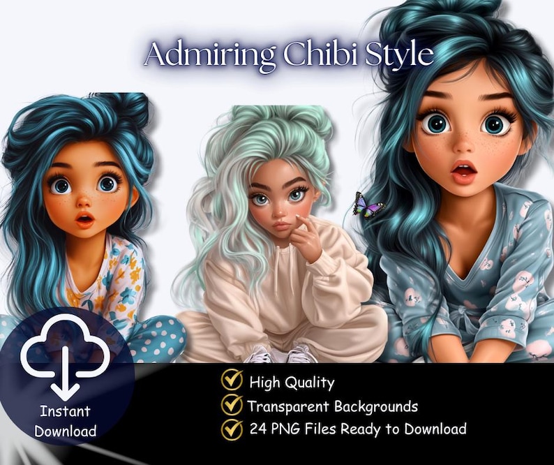 Blue Hair Chibi Girl Clipart Bundle