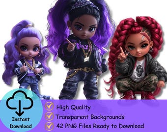 Urban Fashion Doll Clipart: Braids & Curls PNG Bundle (Digital Download)