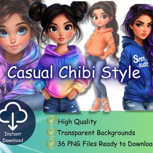 Paquete PNG de estilo chibi casual, linda chica chibi clipart, ilustración de moda PNG, arte chibi con atuendo con capucha, descarga digital PNG transparente