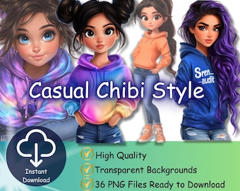 Casual Chibi Style PNG Bundle, Cute Chibi Girl Clipart, Fashion Illustration PNG, Hoodie Outfit Chibi Art, Digital Download Transparent PNG