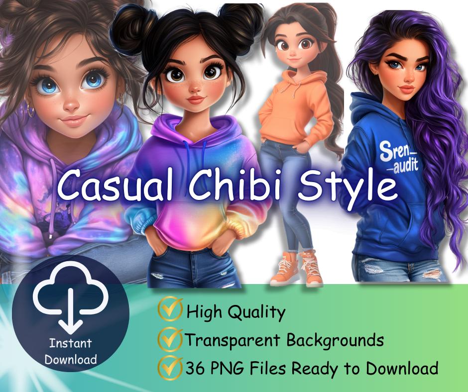 Casual Chibi Girl PNG Bundle – Cute Fashion Illustration Clipart, Hoodie Outfit Chibi Art, Transparent Digital Download