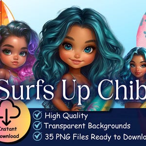 Surfs Up Chibi Girls PNG Bundle: Beach Clipart, Sublimation Art (Instant Download
