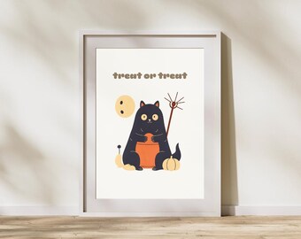 Halloween Cat Wall Art Printable – Cute Black Cat Halloween Decor, Instant Download, Kids & Adult Room Decor