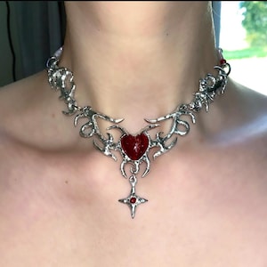 Abstract handmade metal necklace with red heart pendant / y2k celestial jewelry