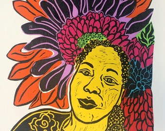 Floradora 1  Bright, Bold Original Collage Linoleum Print.  Life Affirming, Woman Surrounded by Flowers