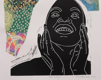 Pure Joy 2, fabric collage with linoleum printing