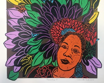 Floradora 3  Bright, Bold Original Collage Linoleum Print. Life Affirming, Woman Surrounded by Flowers